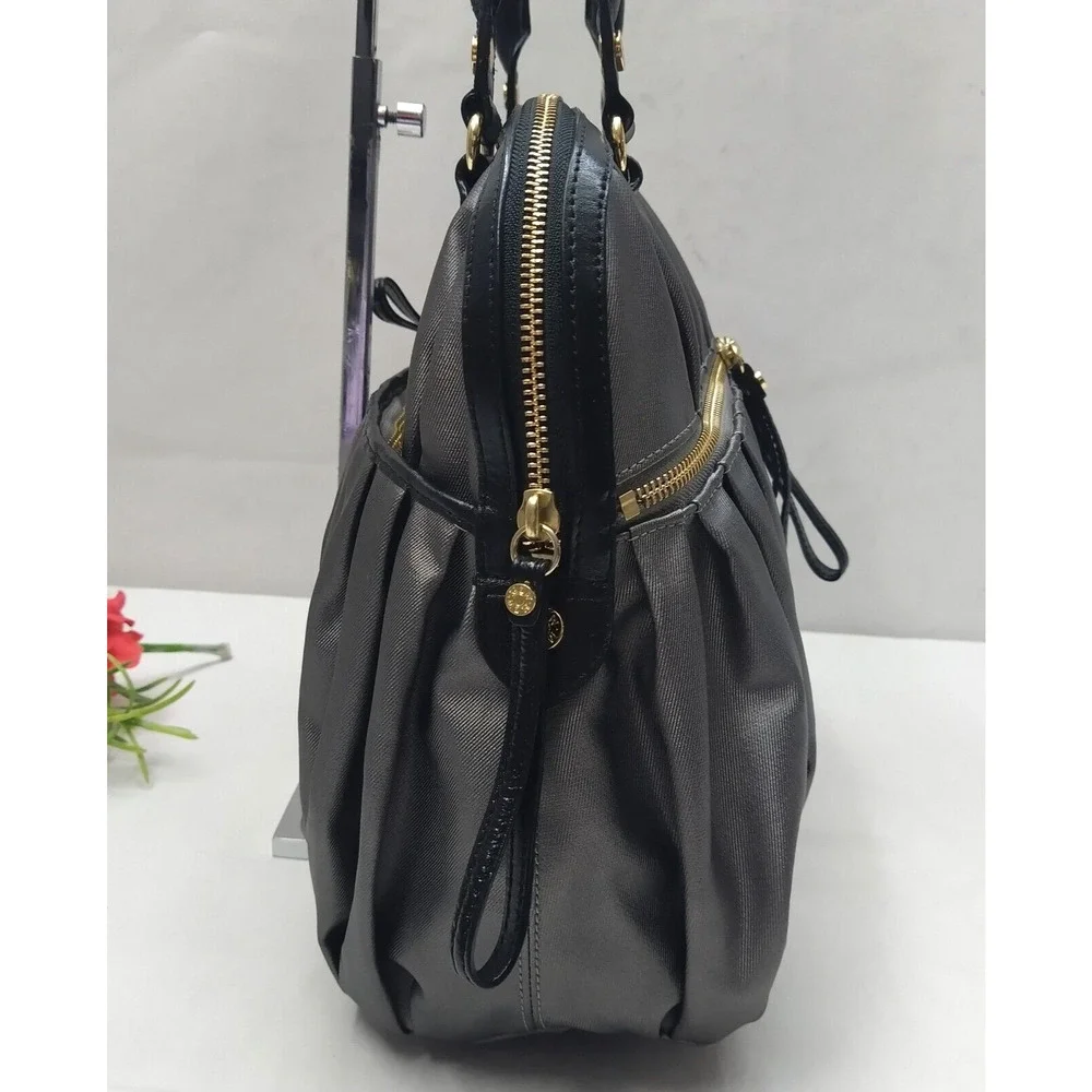 MZ Wallace Gray Nylon Pleated Zipper Pockets Top Handles Satchel Shoulder Bag